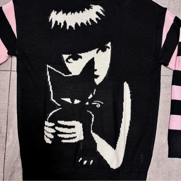 Dolls Kill Emily The Strange Brooding Besties Stripe Knit Sweater Pink Black Cat - Picture 5 of 8